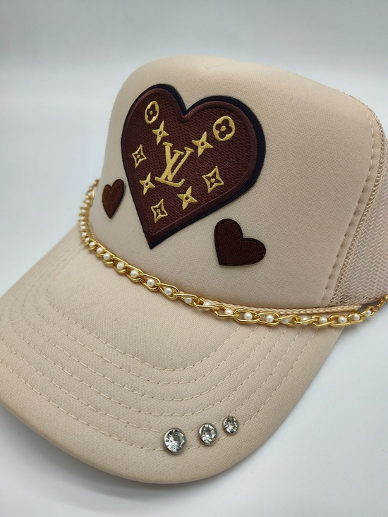 Handmade Accessories - Handmade LV Monogram Heart Custom Trucker Hat Pearl Chain Crystal Beige